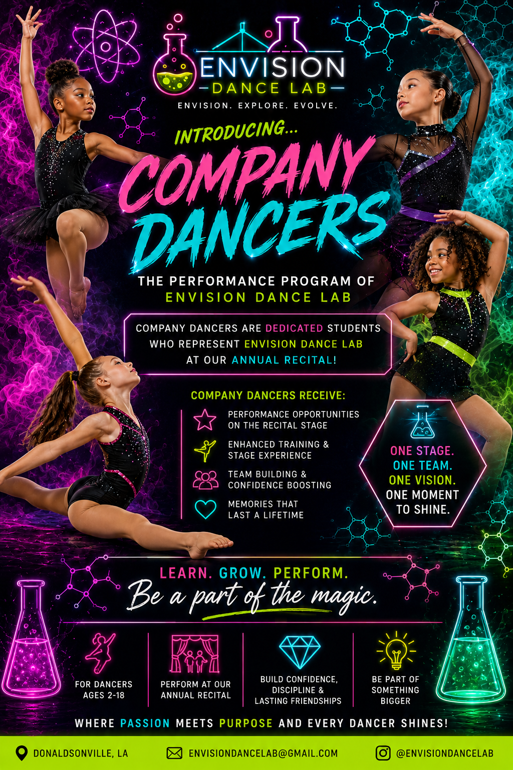 Company Dancers flyer for Envision Dance Lab, the performance program for dancers ages 2-18